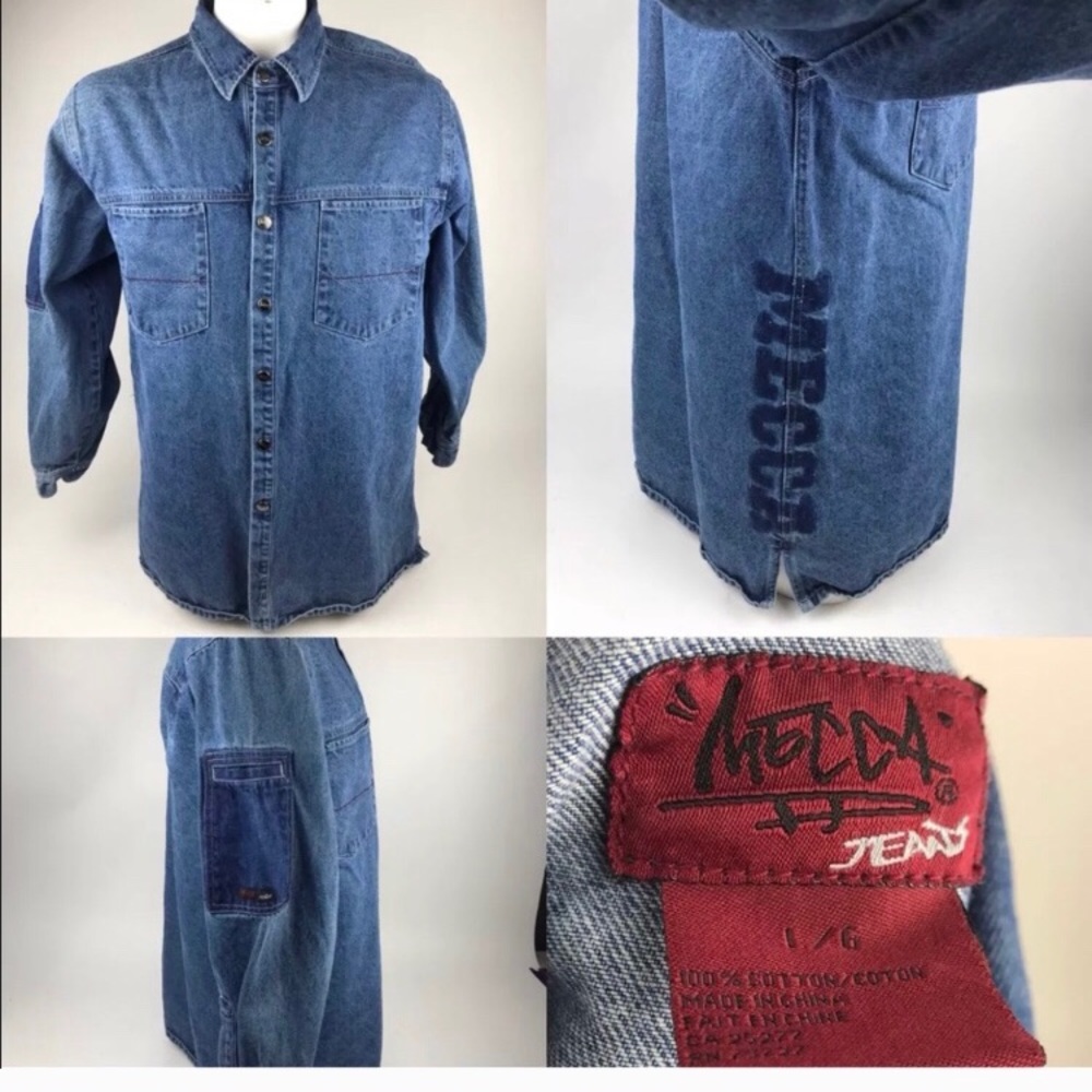 Vtg MECCA Jeans Thick Denim Shirt Snap Button